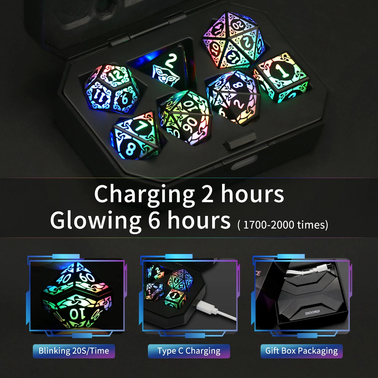 Light Up Colorful Dice Set Rechargeable LED DND Dice D&D with Charging Box