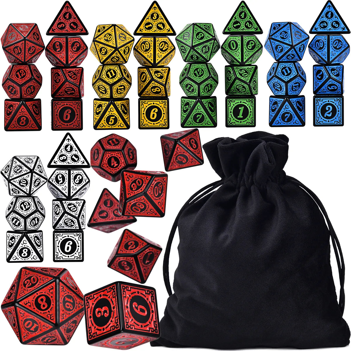 6 Sets of 7 Polyhedral Runic Dice with Bag - headwatergames