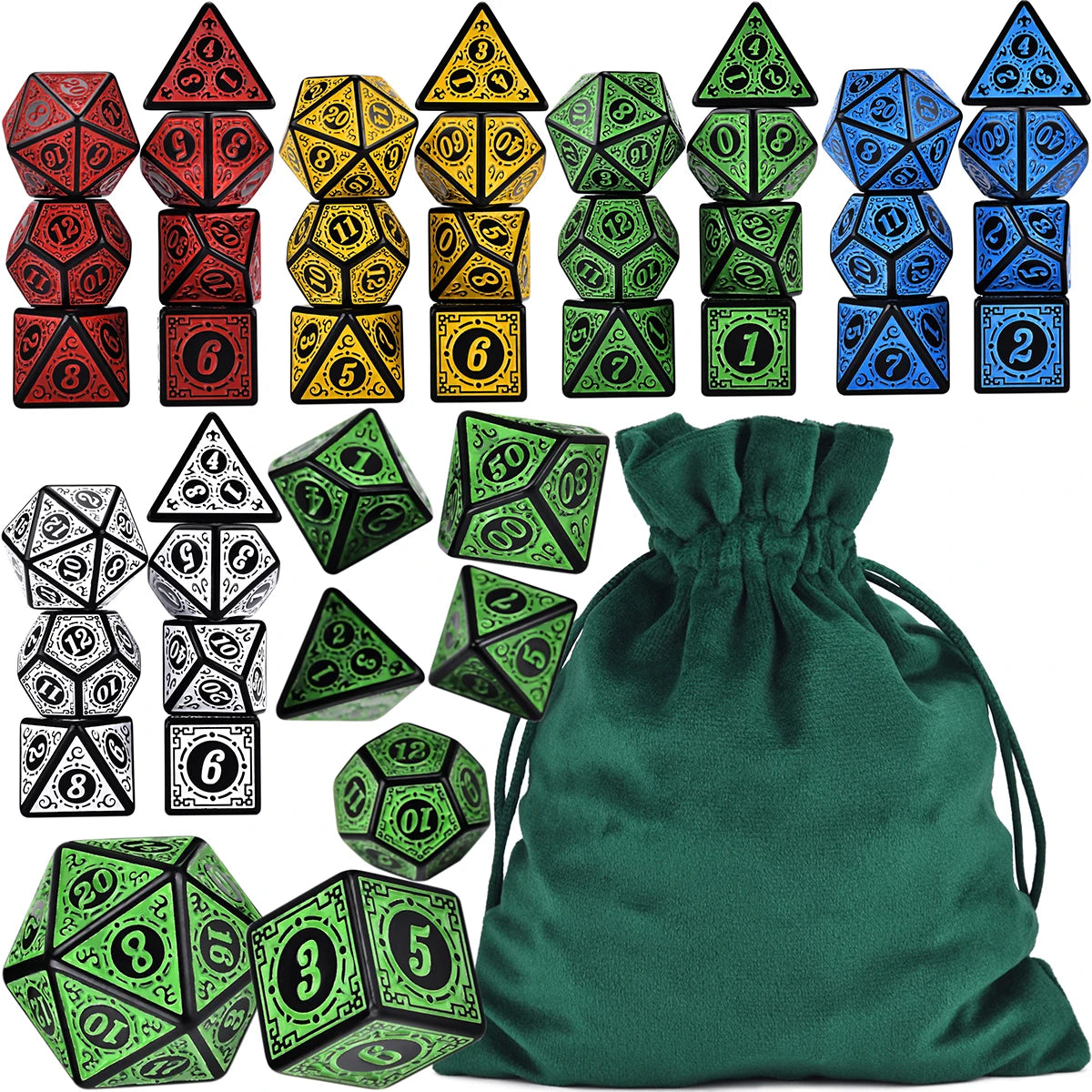 6 Sets of 7 Polyhedral Runic Dice with Bag - headwatergames