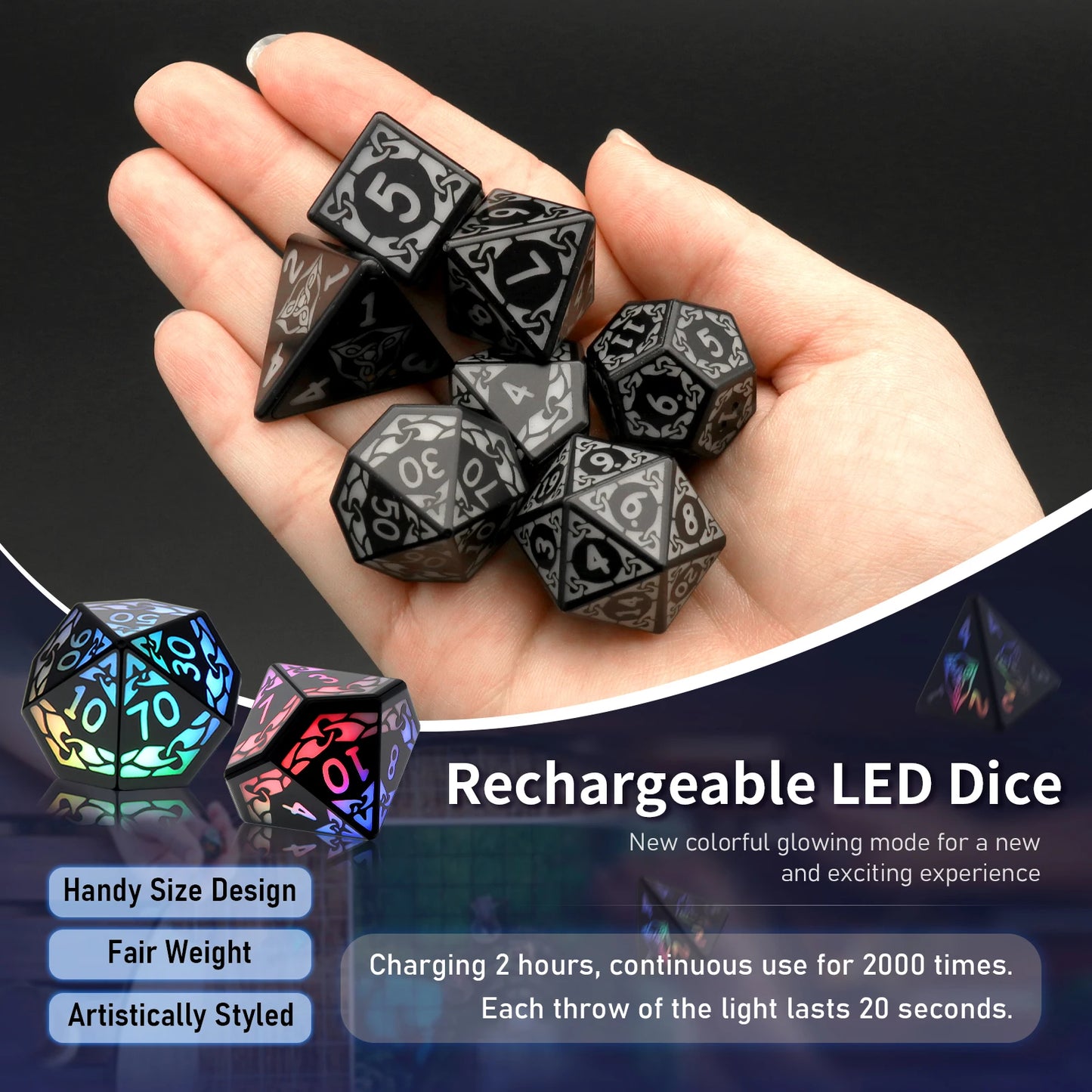 Light Up Colorful Dice Set Rechargeable LED DND Dice D&D with Charging Box